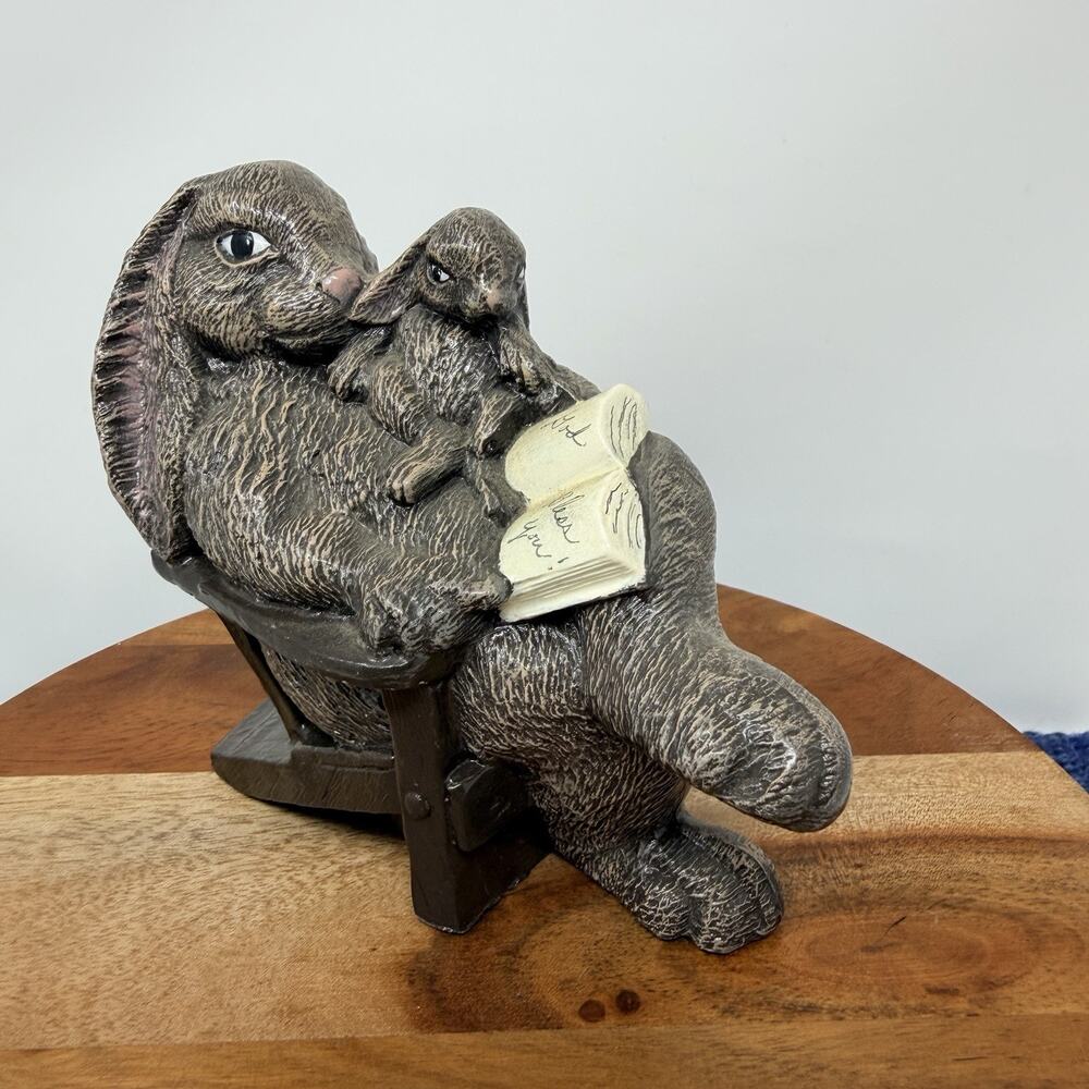 Vintage Ceramic Rabbit & Baby Storytime Figurine 5" God Bless You Nursery